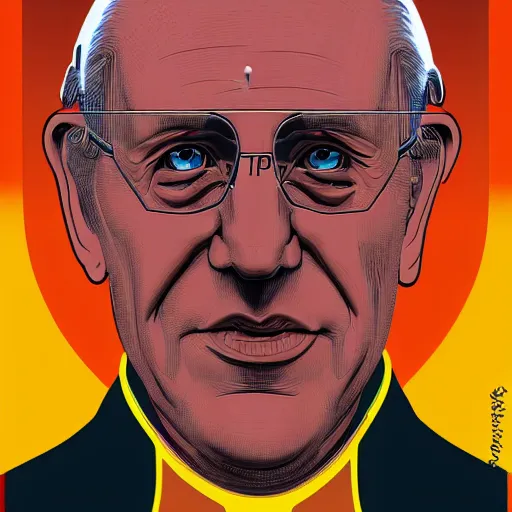 Image similar to cyberpunk pope francis with mitre as the leader of a futuristic communist nation, cybernetics, sharp lines, digital, artstation, colored in