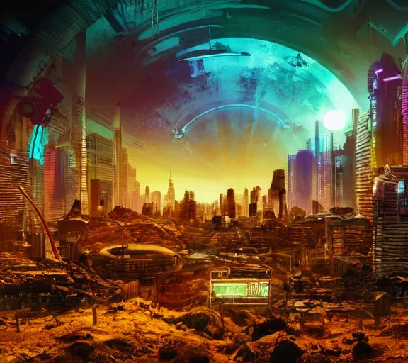 Image similar to a detailed anthill seen from the inside as a big city, cyberpunk, fallout 5, studio lighting, deep colors, apocalyptic setting, city at night, sky view