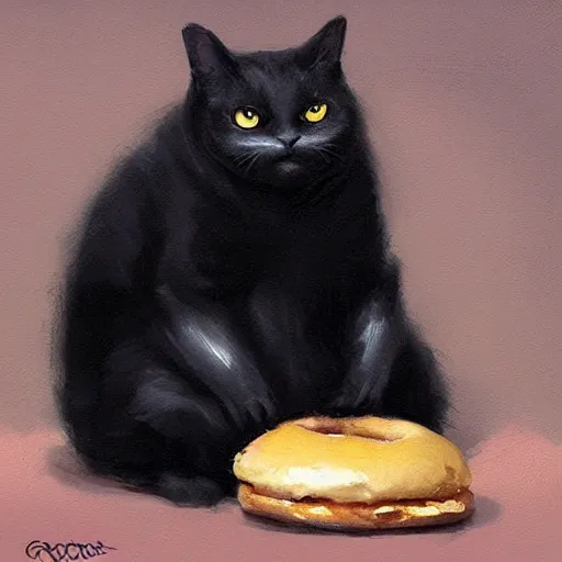 Image similar to a black fat cat holding a bagel!, art by greg rutkowski