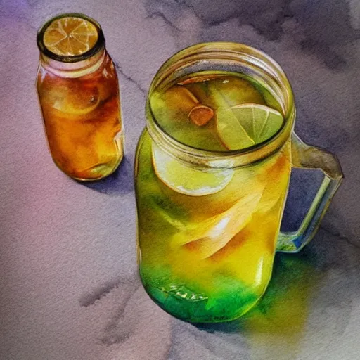 Image similar to Ice Tea in a mason jar, Watercolor, photorealistic, high resolution, award winning, trending on artstation, art by artgerm, best selling on redbubble