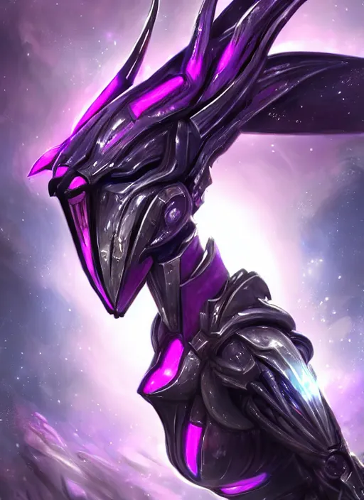 Image similar to detailed cinematic shot, cosmic sized perfectly proportioned stunning beautiful hot female warframe, detailed cyborg mecha female dragon head, metal ears purple eyes, silver armor, fuschia leds, floating in empty space, nebula sized, holding a planet, epic proportions, epic size, epic scale, furry art, dragon art, giantess art, warframe fanart, furaffinity, deviantart