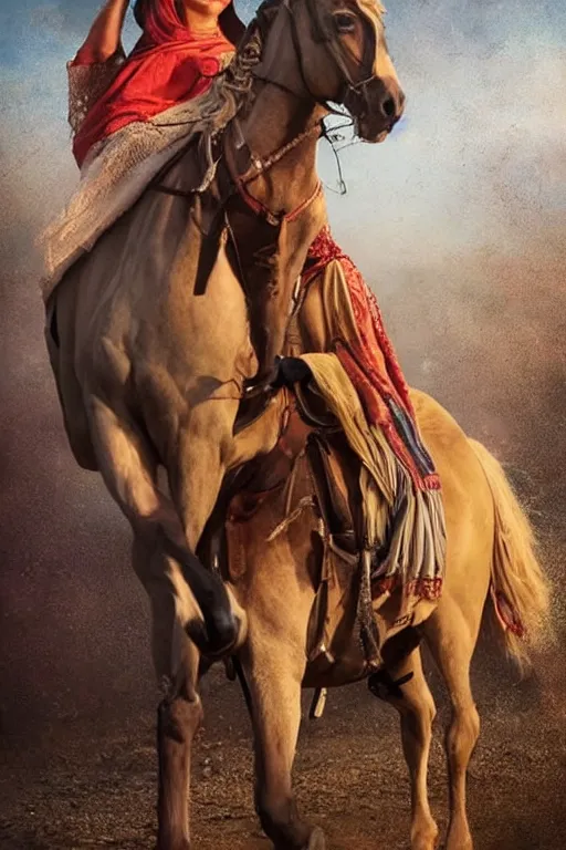 Prompt: hyperrealistic pictures from middle eastern woman ride horse, super highly detail