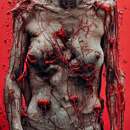 Prompt: cyberpunk rotting torso flesh decay, lacerations, dripping splattered red oil, by giger and zdzisław beksinski, surrealism dark art by james jean, electrical wiring and broken machines, cables veins tendons blood, degraded, autochrome, film grain, light leaks, stains