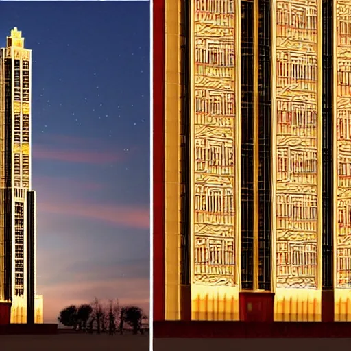 Image similar to glowing art deco tower