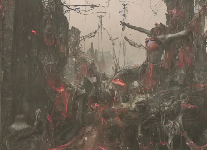 Image similar to satanic ritual, neon, they are watching, RGB, glowing wires everywhere, pristine, by Edgar Maxence and Ross Tran, Zdzisław Beksiński, and Michael Whelan, distant, gustav dore, H.R. Giger, 8k, octane render