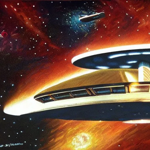 Prompt: the bridge of the starship enterprise from star trek the original series with the crew at their stations. realistic concept art painting,