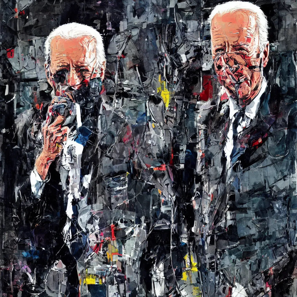 Image similar to Joe Biden full body portrait, Techwear, Cyberpunk, painting by Ralph Steadman, Francis Bacon, Hunter S Thompson