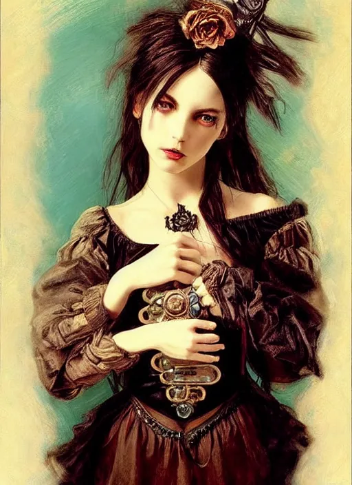 Image similar to ( ( gothic # ) ) princess portrait *. *. by william henry hunt * *, highly detailded, turquoise rust, steampunk, battle angel alita