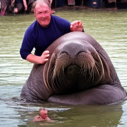 Image similar to phil hawkins, a small man, wrestles a huge walrus