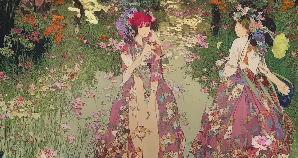 Image similar to oil painting, long shot, beautiful floralpunk japanese girl illustration walking in a park, detailed patterns art of japan traditional dress, flower pop art, floral splash painting, art by ashley wood, alphonse mucha, makoto shinkai, geof darrow, dark shadow