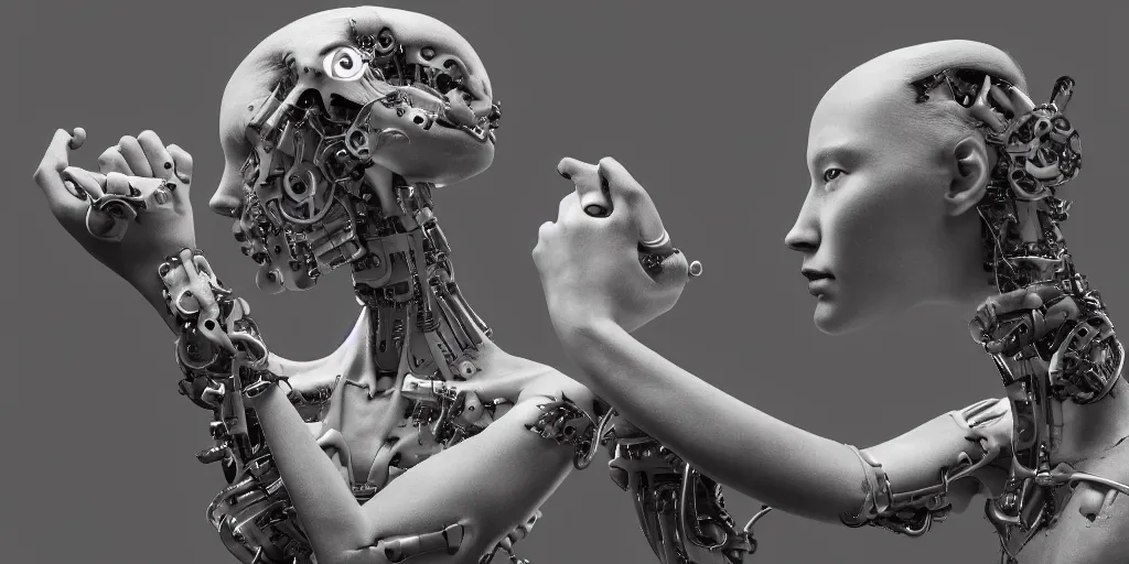 Image similar to hyperrealistic photography of a stunningly beautiful cyborg female, mechanical elbow, plated arm, intimate, holding hands, in the style of beth cavener, jin kagetsu,, and wlop, highly detailed, intricate, face symmetry, masterpiece, award - winning, sharp focus, concept art, high key, ambient lighting, 8 k, octane render, artstation