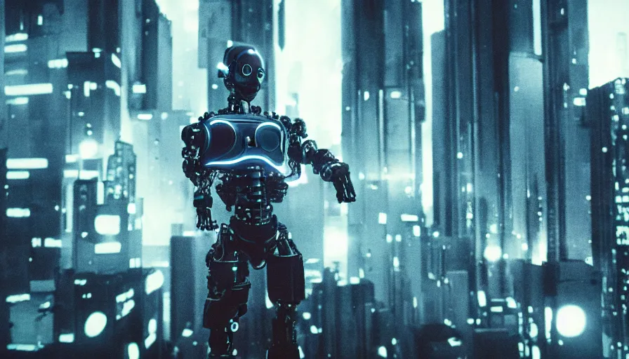 Prompt: cyborg in futuristic city, movie still, analog film, anamorphic lens