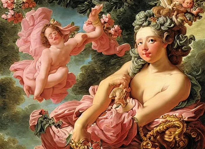 Prompt: baroque rococo painting 💪🐸 by François Boucher by Greg Hildebrandt high detail fancy cake