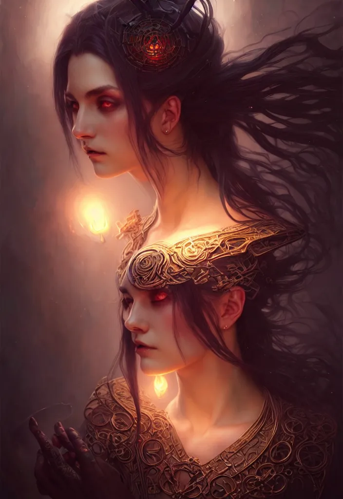 Prompt: Necromancer Sorceress, fantasy magic, undercut hairstyle, dark light night, intricate, elegant, sharp focus, illustration, highly detailed, digital painting, concept art, matte, art by WLOP and Artgerm and Greg Rutkowski and Alphonse Mucha, masterpiece