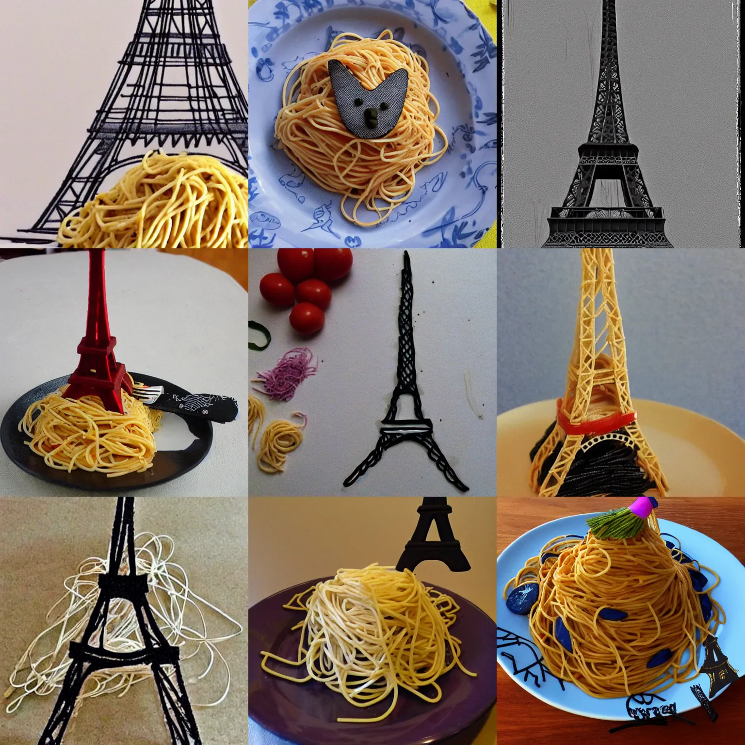 Prompt: Eiffel Tower made witch spaghetti