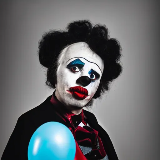 Prompt: a vintage studio portrait of a sad clown with balloons behind him, black background, chiaroscuro lighting, close up portrait, shallow depth of field, 8 0 mm, f 1. 8