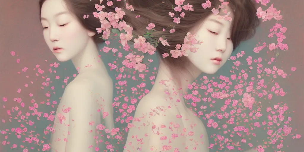 Image similar to breathtaking delicate concept art painting pattern blend of flowers and girls, by hsiao - ron cheng, bizarre compositions, exquisite detail, pastel colors, 8 k