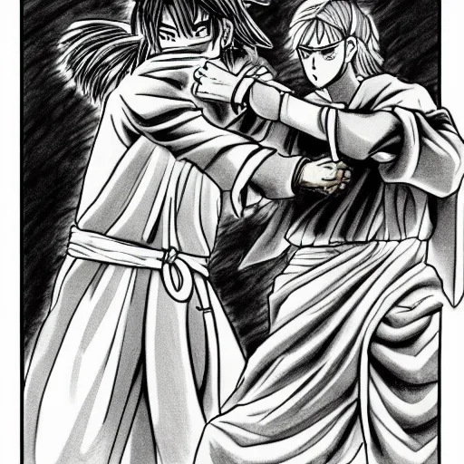 Image similar to manga drawing of jesus, goku fighting jesus