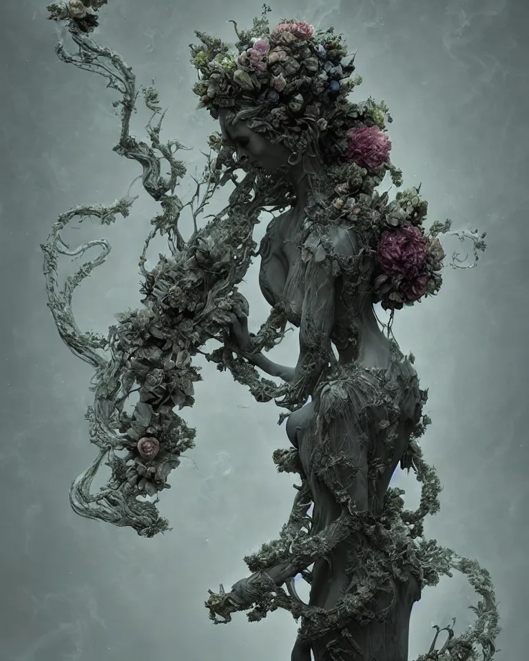 Image similar to portrait of a gothic cemetery statue made of mist and flowers, cosmic horror, mutating into mist, cinematic lightning, Andrew Ferez, Charlie Bowater, Marco Mazzoni, Seb McKinnon, Ryohei Hase, Alberto Seveso, Kim Keever, trending on cgsociety, featured on zbrush central, new sculpture, mystical