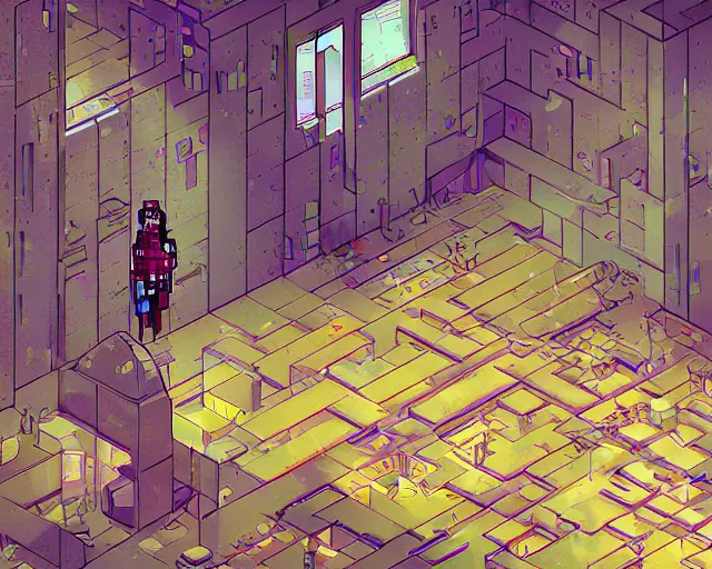 Image similar to interior of an underground maze within a large cyberpunk complex, girl waking up in bed in middle of room. pixelart, brutalism, volumetric lighting, 8 k, art by dan mumford, greg rutowski, johan grenier, wayne barlowe