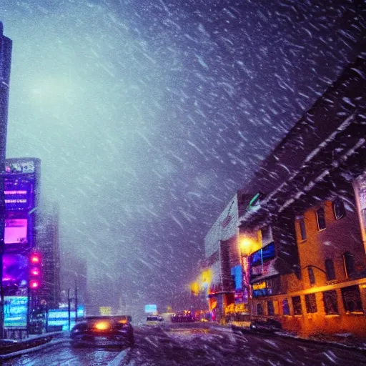 Image similar to synthwave, snowstorm, city