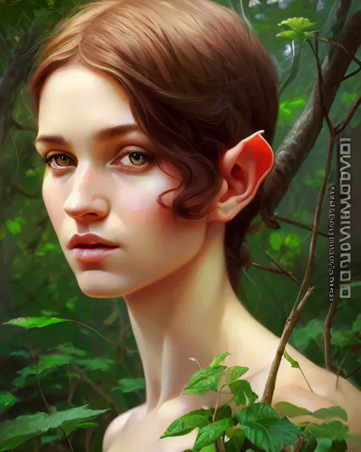 Prompt: stylized portrait of an artistic pose, composition, young elf nymph surrounded by nature, realistic shaded, fine details, realistic shaded lighting poster by ilya kuvshinov, magali villeneuve, artgerm, jeremy lipkin and michael garmash and rob rey