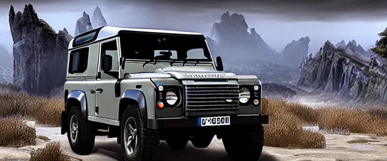 Image similar to Land Rover Defender 110 (1985), The Elder Scrolls V: Skyrim, Solitude seen in the distance, Blue Palace is seen in the distance towering above the landscape, Haafingar Hold, an epic fantasy, the sea seen behind the city, dramatic lighting, cinematic, establishing shot, extremely high detail, photorealistic, cinematic lighting, artstation, by simon stalenhag