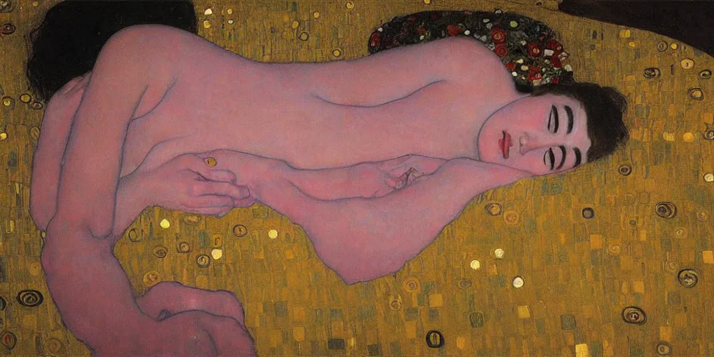 Image similar to a girl lying in a bed painted by Gustav Klimt