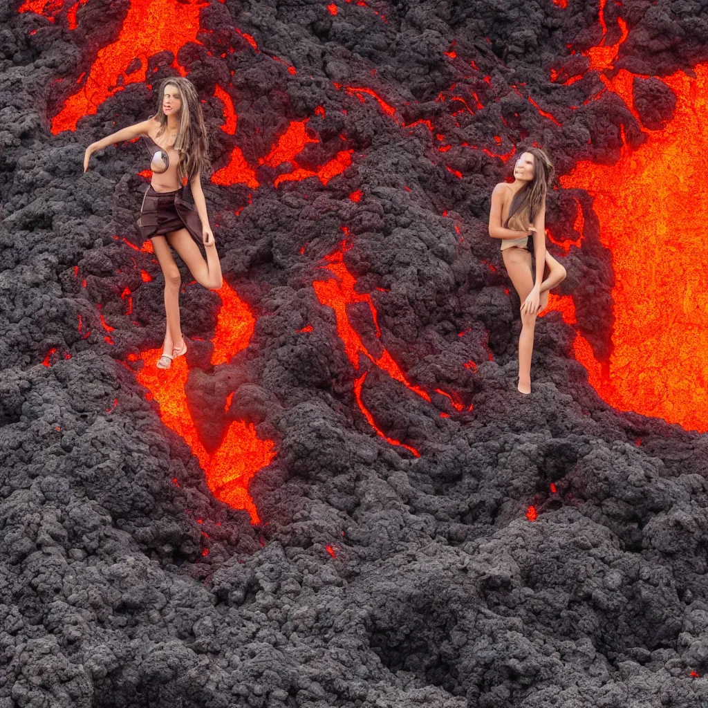 Image similar to fashion portrait in erupting volcano lava. wide angle shot. highly detailed.