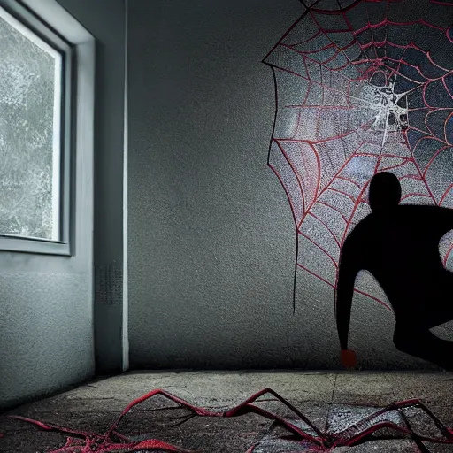 Prompt: a man pushed flat against a wall with limbs spread out covered with a large spider web, cinematic lighting, deep colors, epic scale