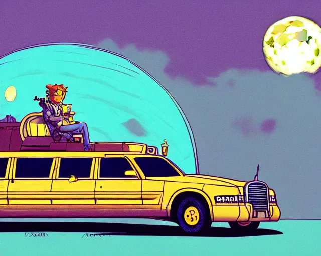 Image similar to a study of cell shaded cartoon big fat limousine, in front of a big moon, illustration, wide shot, muted colors, post grunge, concept art by josan gonzales and wlop, david rubin, mike mignola, laurie greasley, highly detailed, sharp focus, trending on artstation, hq, deviantart, art by artgem