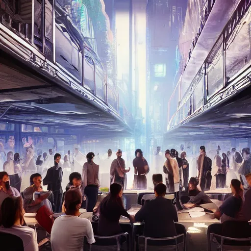 Image similar to large group people in a huge warehouse, looking at hologram of futuristic city on a table | cinematic concept art | godrays | 4 k | clear details | tabletop | tabletop | hologram foreground