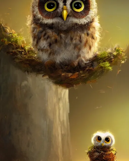 Image similar to long shot of a very cute owl chick nesting in a mug, esao andrews, humorous illustration, hyperrealistic, big depth of field, warm colors, night scenery, low light, 3 d octane render, 4 k, concept art, hyperdetailed, hyperrealistic, trending on artstation