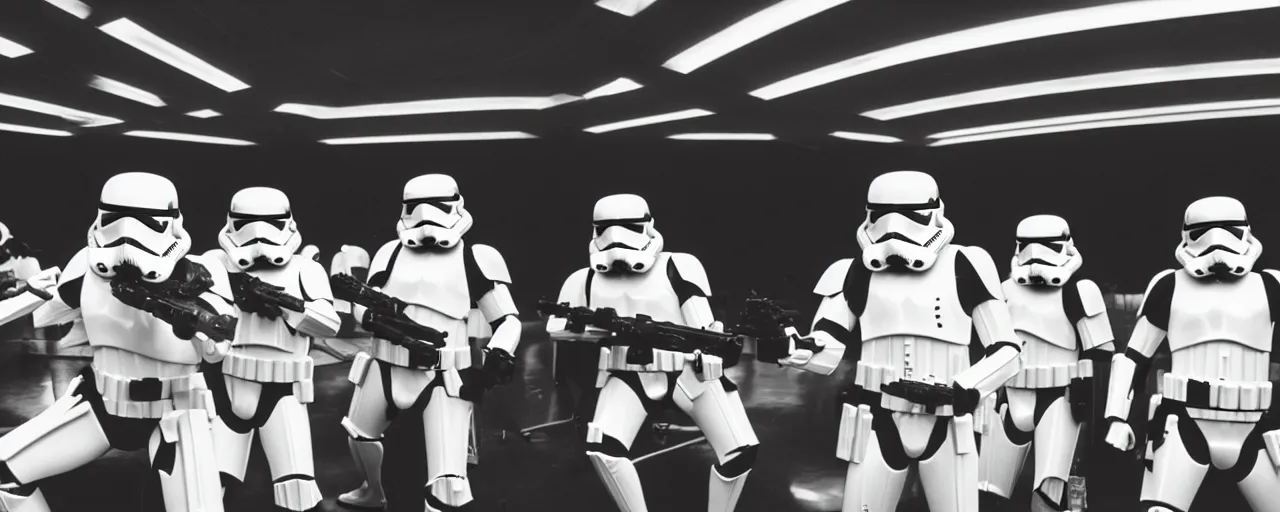 Prompt: Storm troopers chilling in an auditorium, iconic scene from 1980s film by Stanly Kubric, cinematic still frame, portrait photoreal, moody lighting, cinematography, anamorphic lens, kodak color film stock