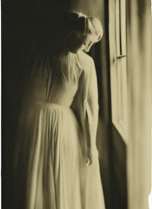 Image similar to a woman in a long flowing white dress dancing by a window in the afternoon, flash polaroid photo by george hurrell, hazy light rays, golden hour
