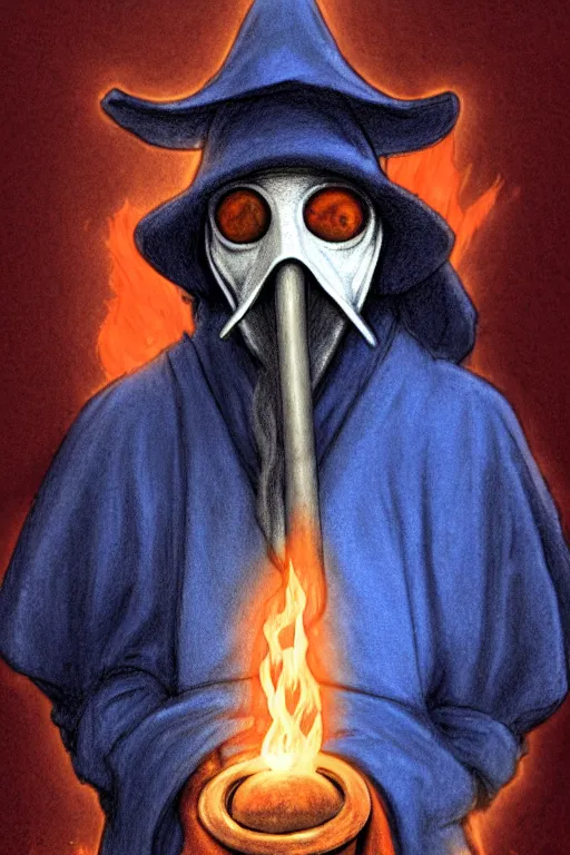 Image similar to a color pencil sketch of a plague doctor with a white plague mask and a blue wizard robe holding his right hand casting a orange firey spell, as a d & d character, blue robe, magical, blue and orange highlights, hip hop aesthetic, concept sheet, painting by gaston bussiere, demon slayer, akiri toriyama, dramatic lighting, professional digital art, anime