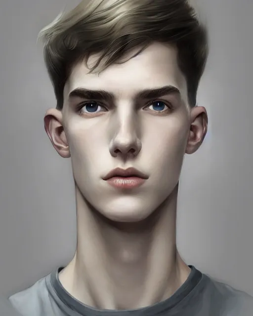 Image similar to portrait of 1 5 - year - old boy, a tall, slender boy with a pale, pointed face, sleek blond hair, and ice grey eyes, cold grey eyes, highly detailed, digital painting, artstation, concept art, smooth, sharp focus, illustration, art by artgerm and greg rutkowski and alphonse mucha