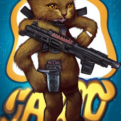 Image similar to fluffy anthropomorphic cat with lots of guns