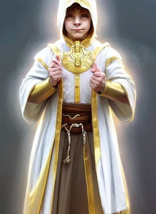 Image similar to symmetry!! portrait of a young halfling male cleric, white robe with gold accents, light brown hair ponytail!!!, wry smirk, brown, gold and white cloak, necklace, elegant, highly detailed, digital painting, artstation, concept art, smooth, sharp focus, illustration, art by artgerm and greg rutkowski and alphonse mucha