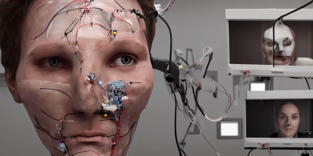 Prompt: on video monitors a face transplant in an operating room with robotic surgeons with a lot of wires rs , photorealistic,by Wlop,4k resolution