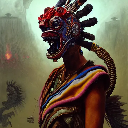 Image similar to a expressive portrait of masked diesel punk quetzalcoatl on the art of mayan ancient culture, artstation, award - winning realistic sci - fi concept art by jim burns and greg rutkowski, beksinski, a realism masterpiece, expressive color palette, james gilleard, bruegel, alphonse mucha, and yoshitaka amano