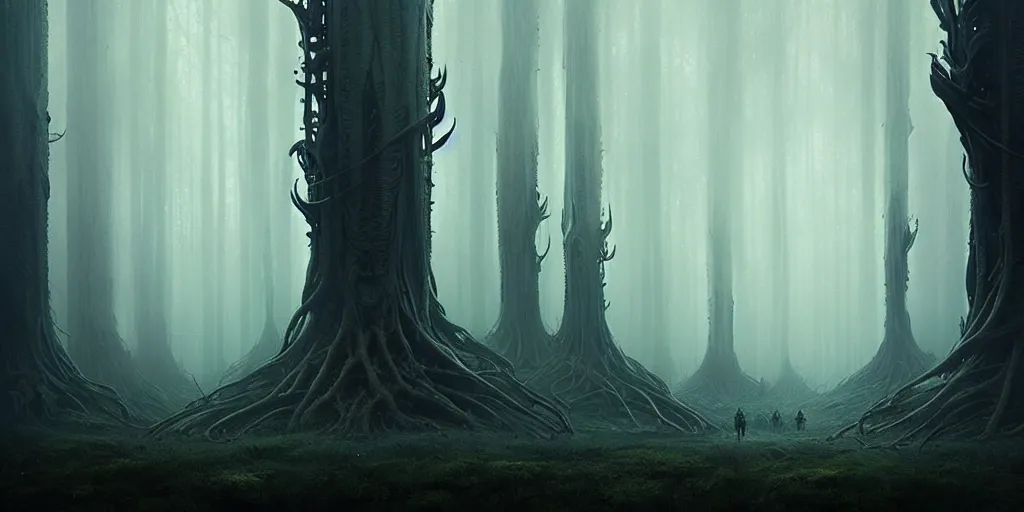 Image similar to strange alien forest, misty, ultra high definition, ultra detailed, symmetry, sci - fi, dark fantasy, by greg rutkowski and ross tran