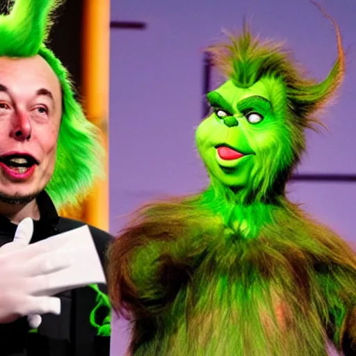 Image similar to elon musk cosplaying as the grinch, elon musk wearing a grinch costume, cosplay award winner