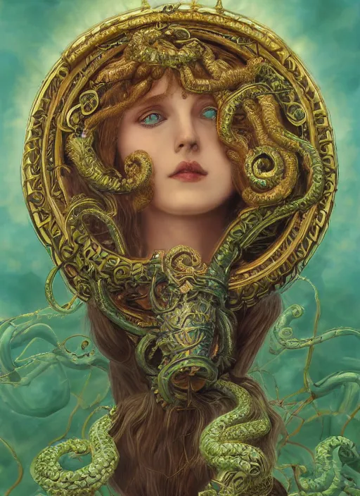 Prompt: ultradetailed ornate pre-raphaelite RPG illustration of a beautiful symmetric Medusa radiating a glowing aura wearing an art nouveau flowery armor with much decorum, digital airbrush painting, 3d rim light, hyperrealistic masterpiece, artstation, cgsociety, kodakchrome, golden ratio