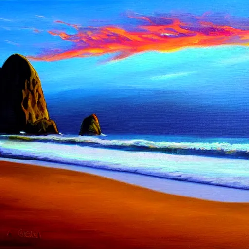 Image similar to cannon beach realistic painting at sunset