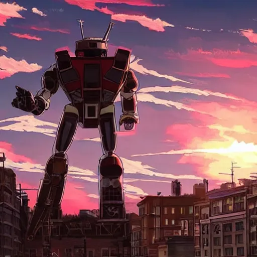 Prompt: the sun is exploding and a giant robot in Northend the italian neighborhood Boston, MA in anime style a epic masterpiece and highly detailed by Makoto Shinkai and Raphael Lacoste