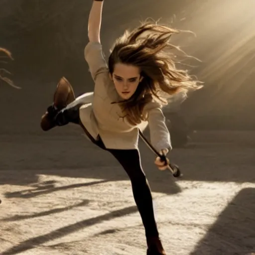 Image similar to a 4k photo of Emma Watson flying in a magical broomstick