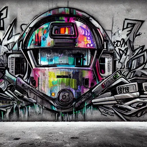 Image similar to chappie colorful graffiti, black and white zef design graffiti on the wall, dark lighting, digital art