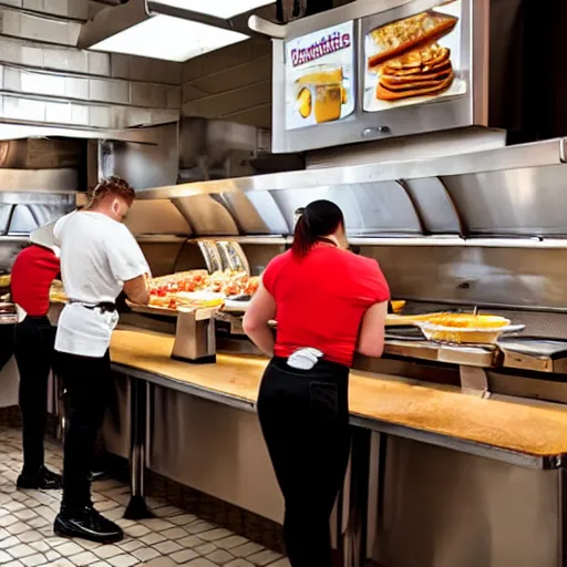 Image similar to busy wafflehouse interior with customers eating breakfast and wafflehouse employees serving food and cooking behind countertop