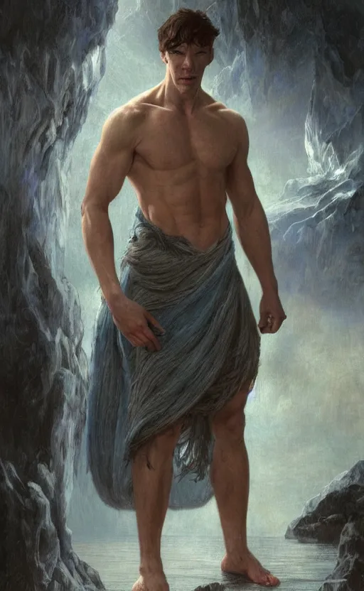 Prompt: benedict cumberbatch as gigachad, norse god, blue hair, masculine, mature, handsome, upper body, grey and silver, muscular, hairy torso, fantasy, intricate, muscular, elegant, highly detailed, digital painting, artstation, concept art, smooth, sharp focus, illustration, art by gaston bussiere and alphonse mucha